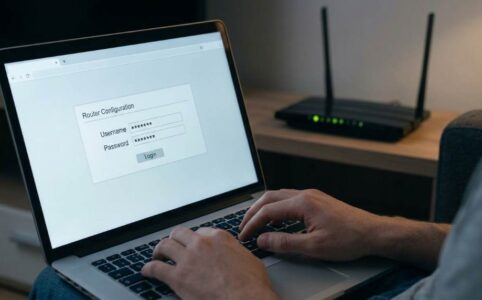 A person logging into a home router admin panel to change default WiFi password settings