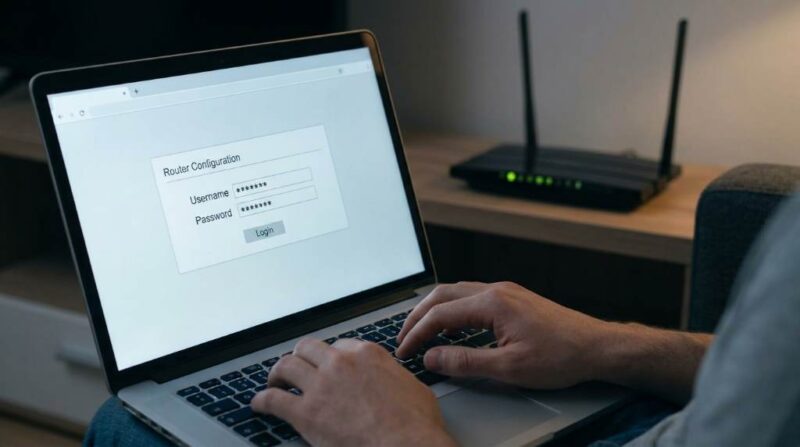 A person logging into a home router admin panel to change default WiFi password settings