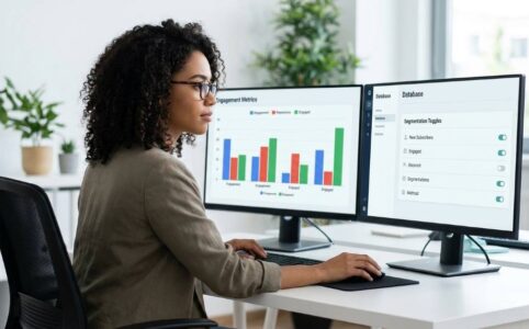 Email marketer reviewing weekly newsletter open rate analytics on a laptop dashboard
