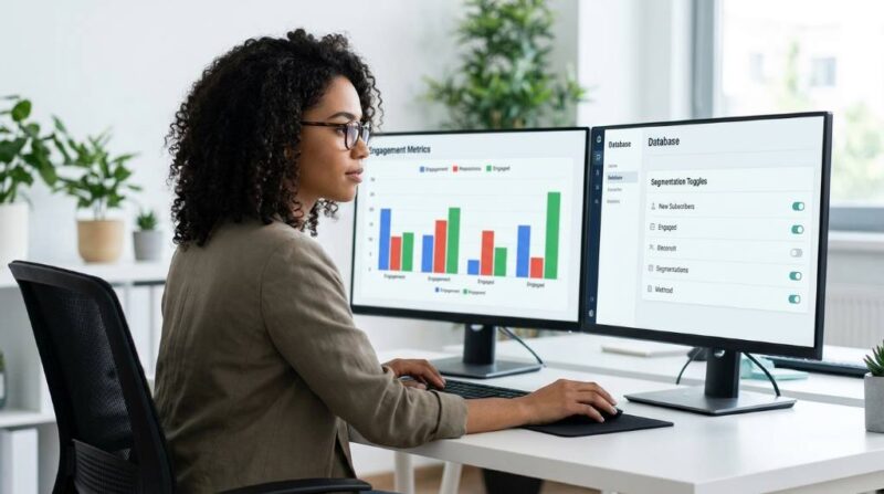 Email marketer reviewing weekly newsletter open rate analytics on a laptop dashboard