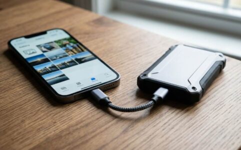 Person connecting Android phone to external hard drive using USB cable on a desk