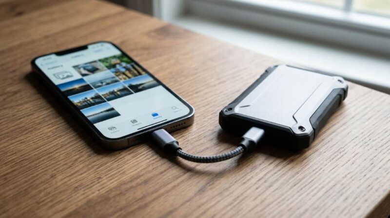 Person connecting Android phone to external hard drive using USB cable on a desk
