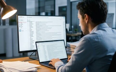 Professional using AI email management tool on laptop to organize flooded inbox