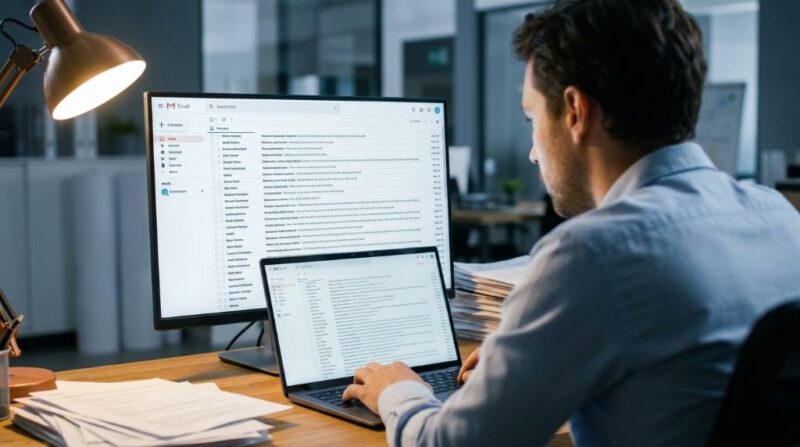 Professional using AI email management tool on laptop to organize flooded inbox