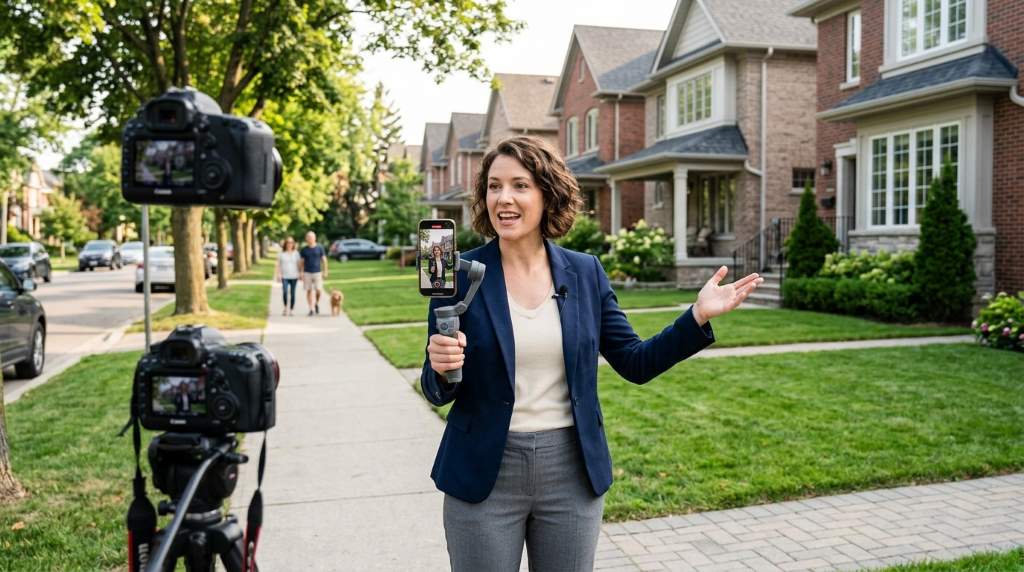 Real estate agent recording a neighborhood spotlight Reel outdoors in a suburban area