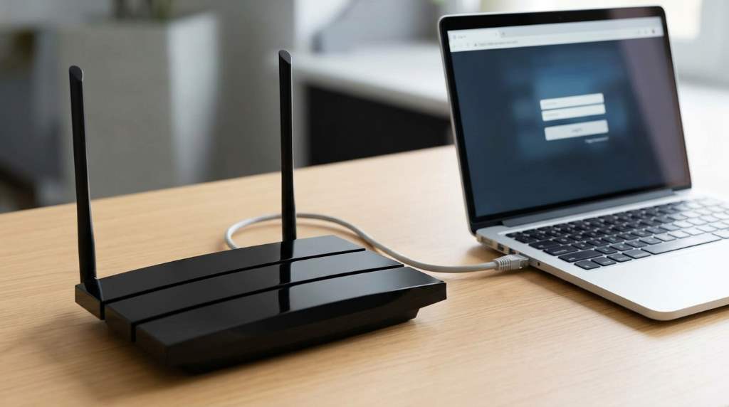 Router with WPA3 security enabled sitting on a home office desk