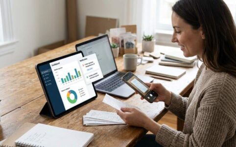Small business owner using AI accounting software on a laptop in a modern office