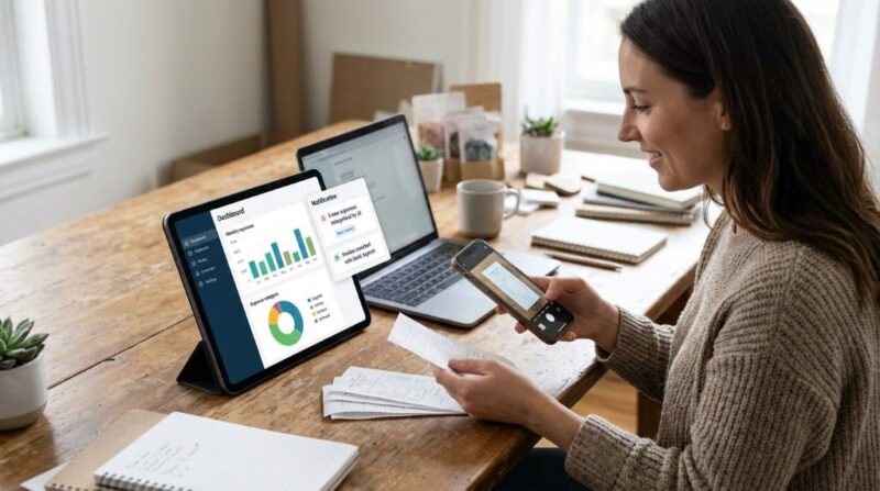 Small business owner using AI accounting software on a laptop in a modern office