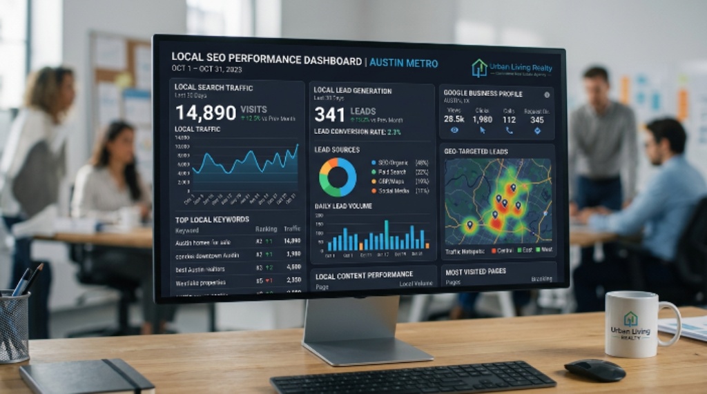 Real estate website SEO dashboard showing local search traffic and lead data