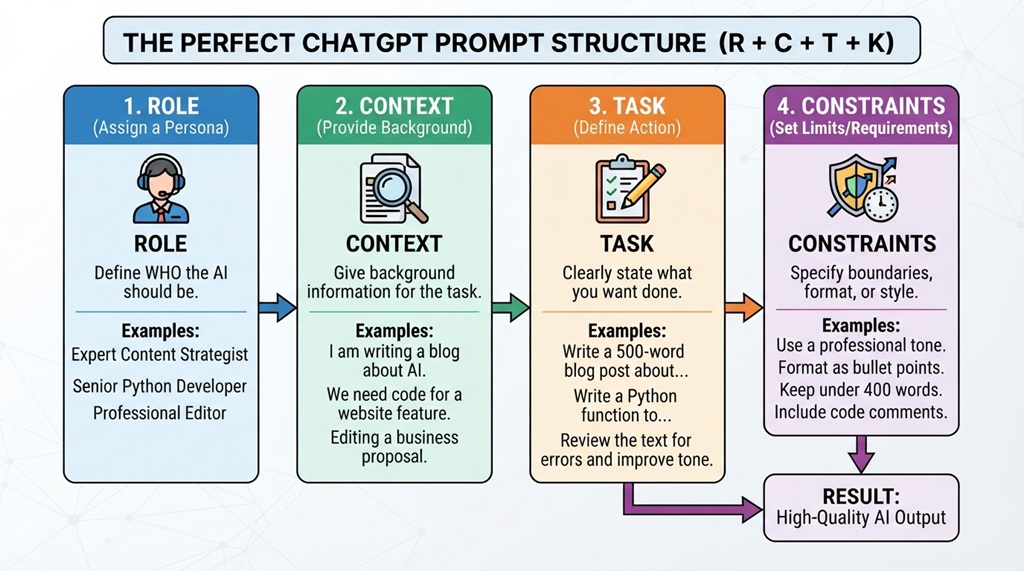 Diagram showing four key parts of an effective ChatGPT prompt structure.
