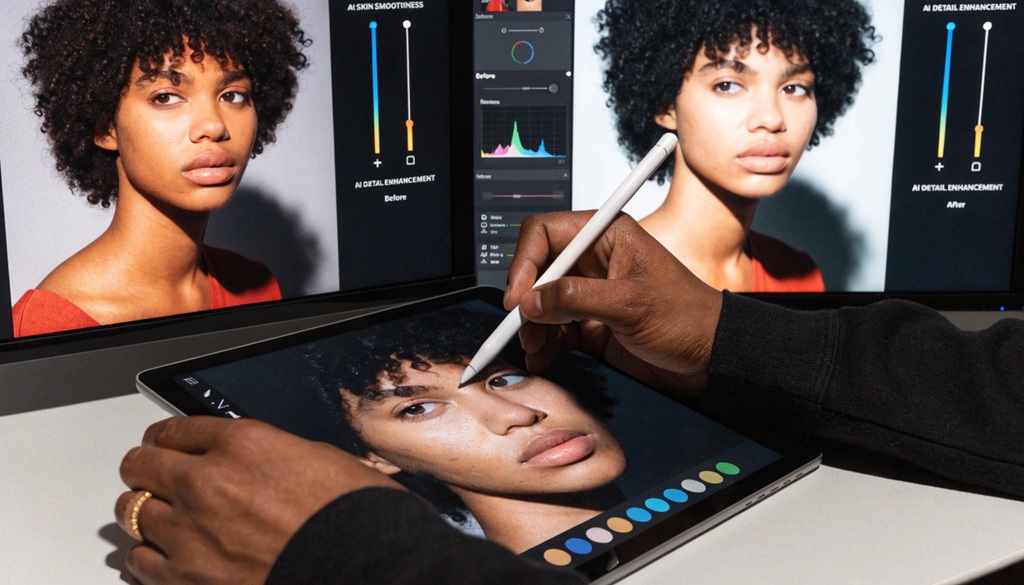 Person fine tuning photo image details using advanced AI tools on screen.