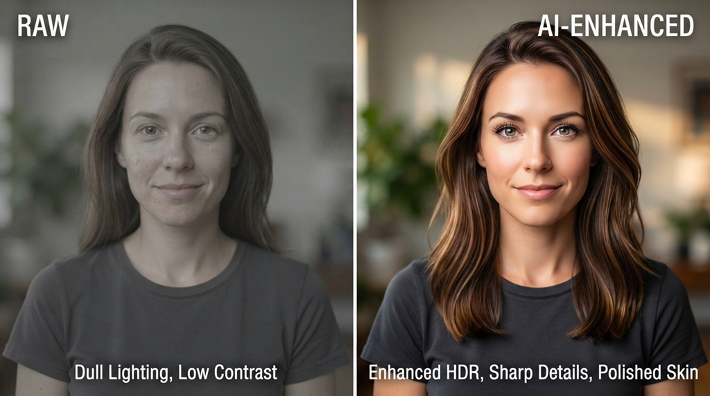 Side by side comparison showing raw photo before and after AI editing.