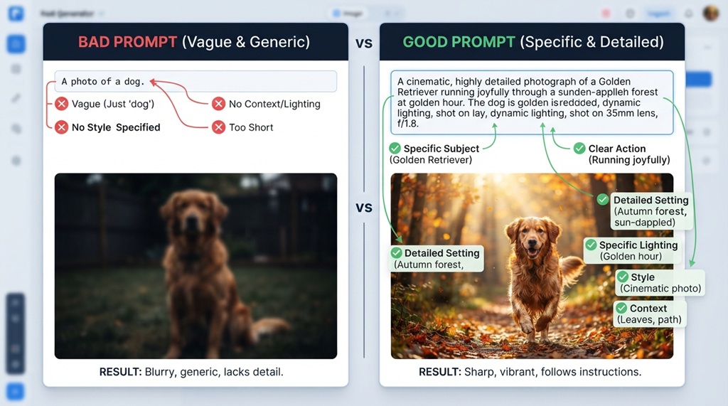 Side by side comparison of a vague prompt and specific prompt.