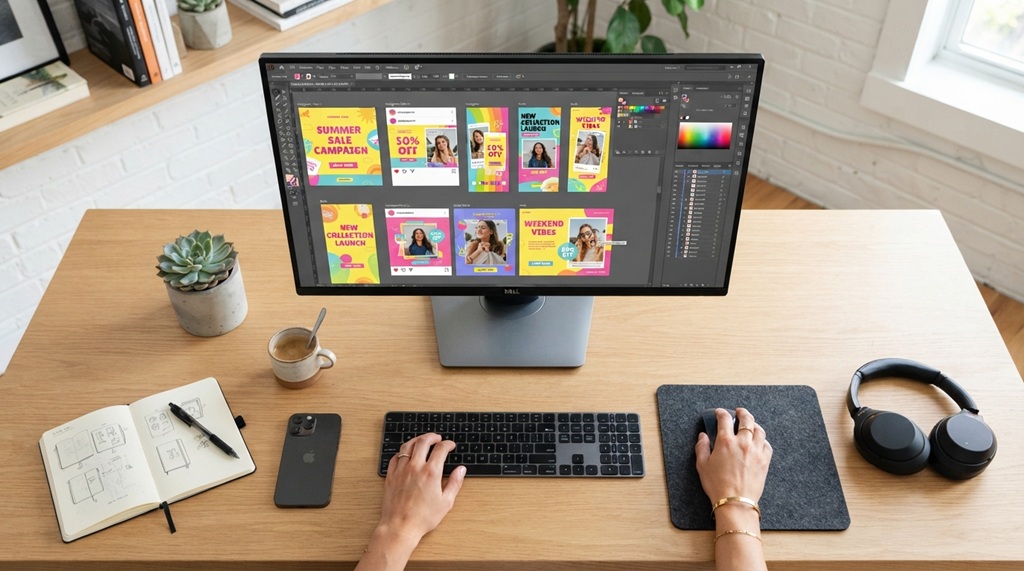Designer editing colorful social media ad campaign creatives on computer monitor.