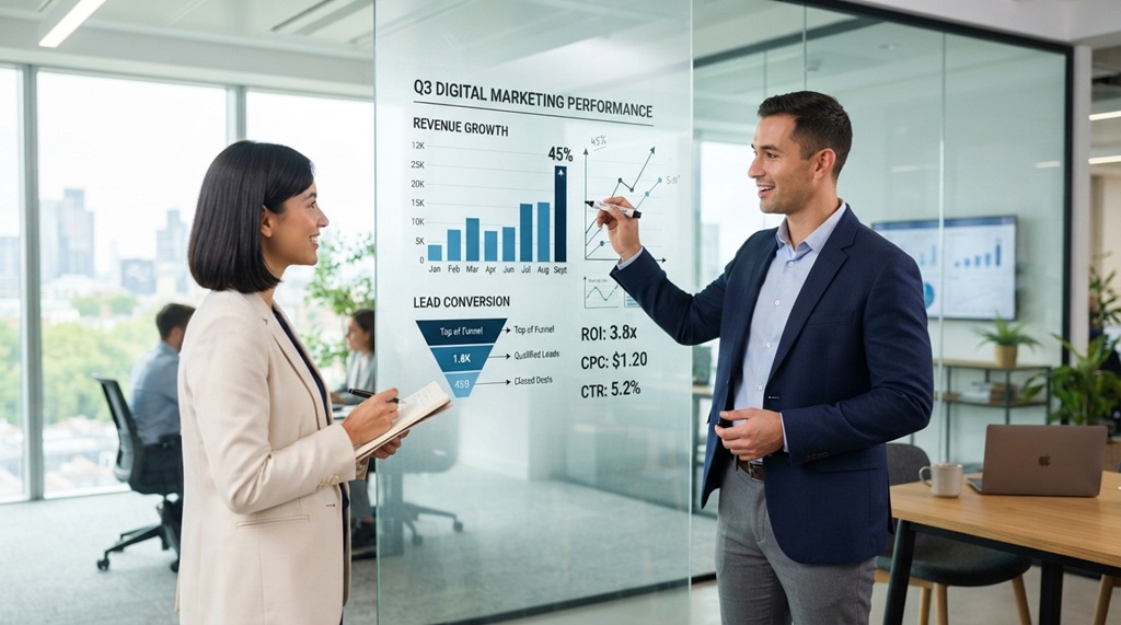 Male analyst pointing to a marketing growth chart on a glass board.