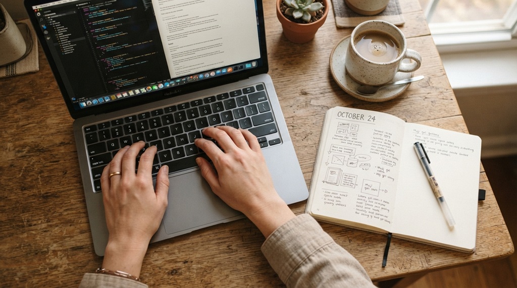 Hands typing on laptop next to coffee cup and handwritten journal.