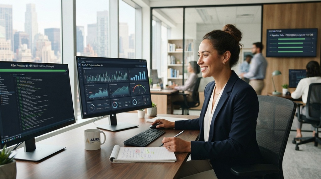 A professional reviewing data charts while smart AI tools handle background task updates.