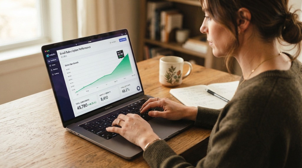 A person typing on a laptop showing upward email list growth statistics.