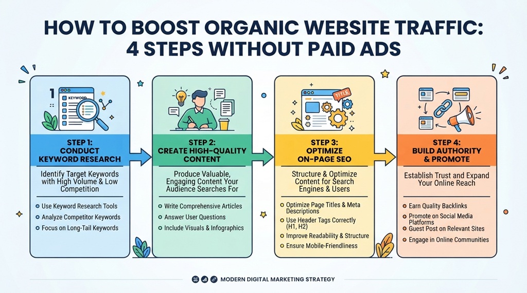 Colorful infographic diagram showing four steps for boosting organic website traffic naturally.