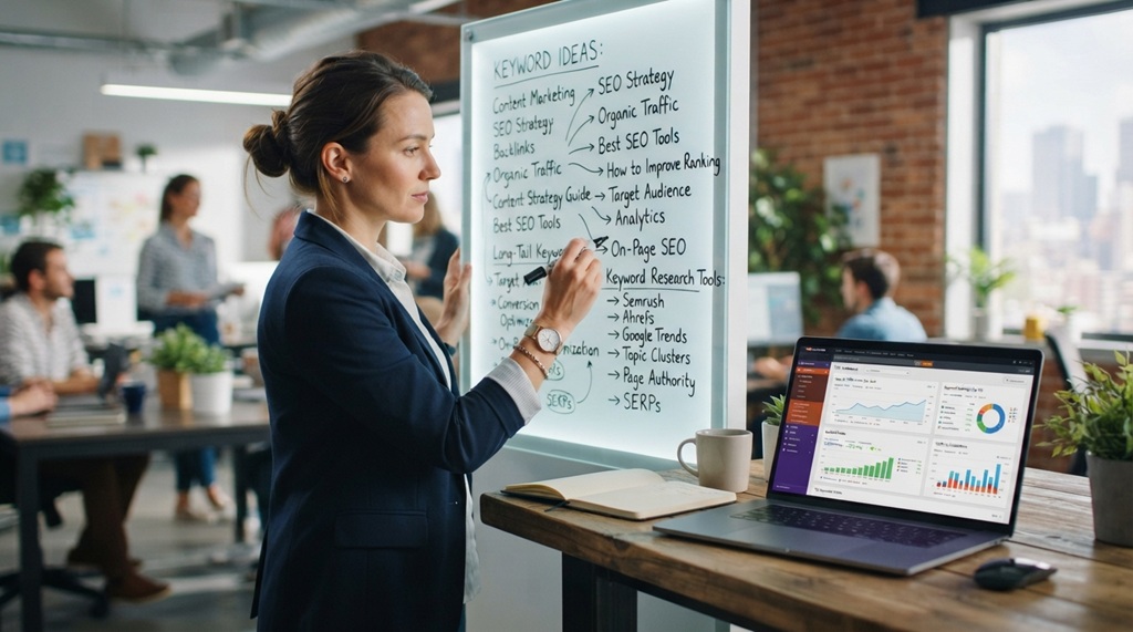 Person writing search engine keyword ideas on white lightboard beside modern laptop.