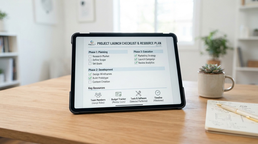 A digital tablet on an office desk displaying a downloadable PDF checklist.