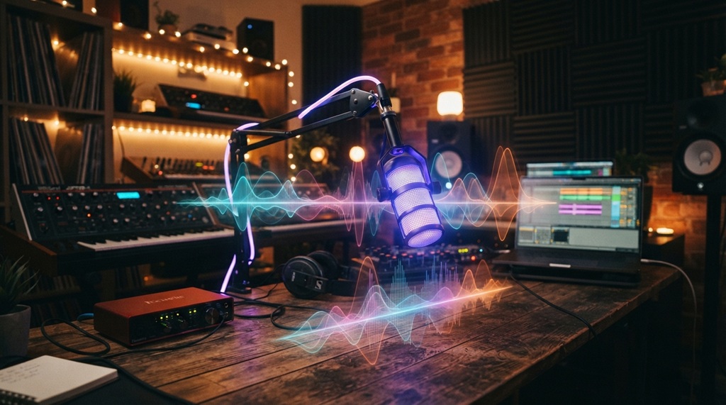 Microphone on desk with illuminated audio equalizer waves in background.