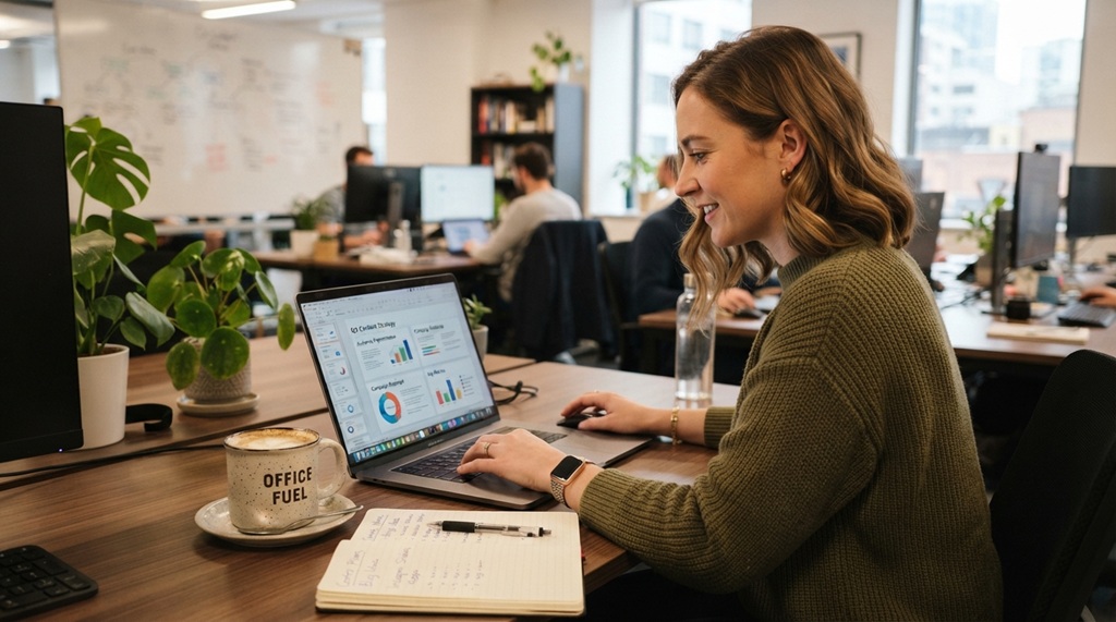 Marketer typing on a laptop with a coffee cup nearby.