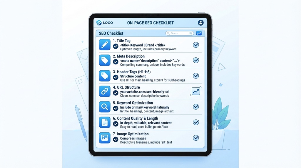 Digital tablet showing an on-page SEO checklist on a desk.