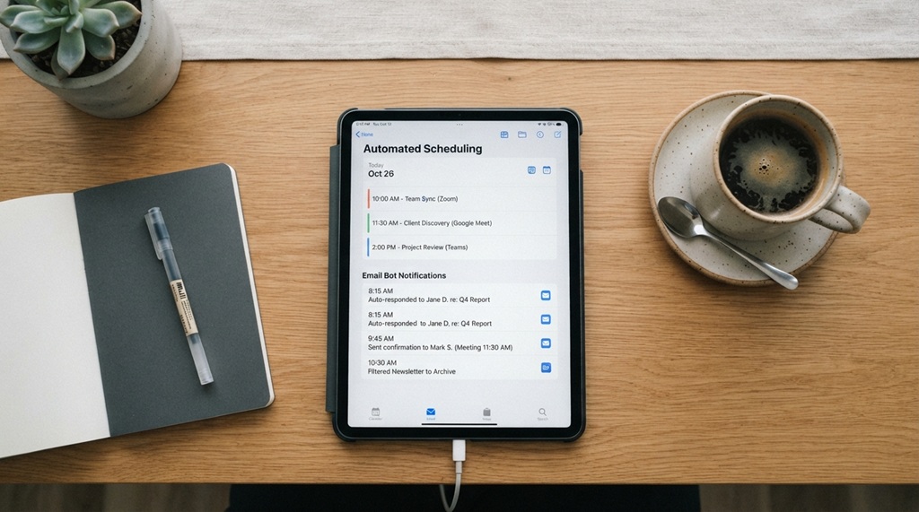 A tablet displaying automated email notifications and daily calendar schedules on a tidy desk.