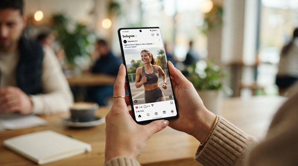 Person scrolling mobile smartphone social media feed displaying interactive high ROI sponsored post.