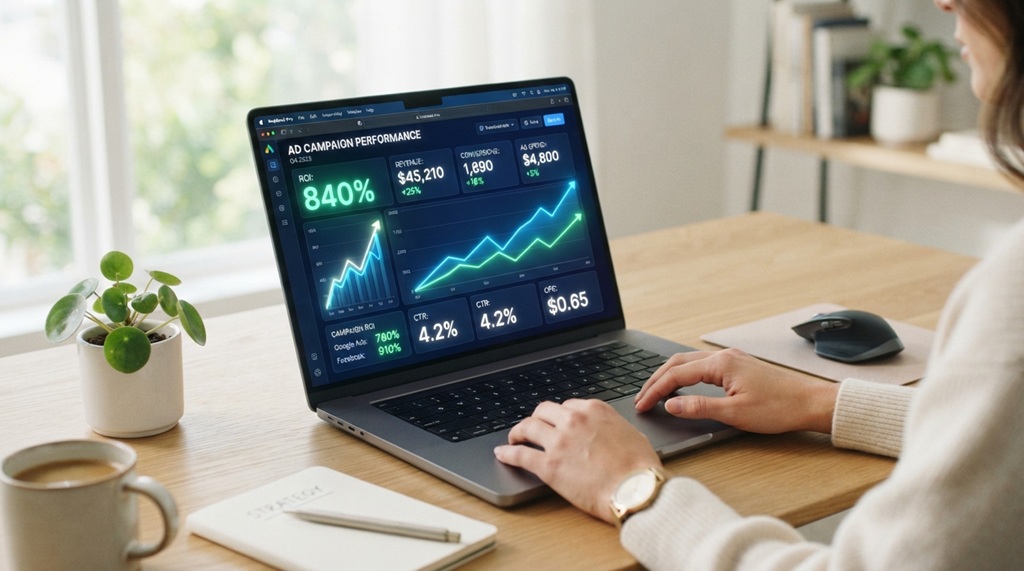 Marketer reviewing digital ad performance dashboard showing high return investment growth graph.