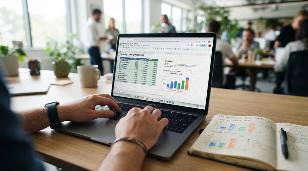 Male marketer typing ROI calculation formulas on a laptop spreadsheet.